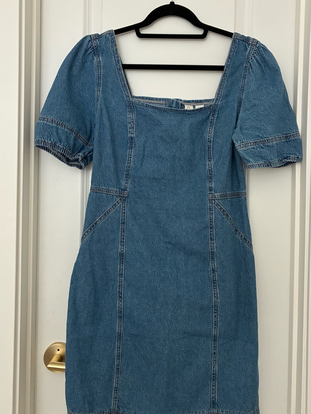 Joie Blue Denim Square-Neck Mini Dress with Puff Sleeves